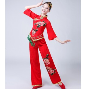 Women's chinese folk dance costumes red green chinese traditional yangko fan umbrella classical dance dress for female