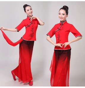 Women's chinese folk dance costumes red with black color yangko umbrella fan dance clothes for female