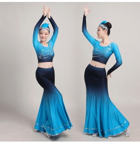 Women's chinese folk dance costumes thailand style peacock belly dance costumes fishtail skirt modern dance costumes