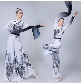 Women's chinese folk dance costumes waterfall sleeves ancient traditional yangko classical gradient white and black performance dresses