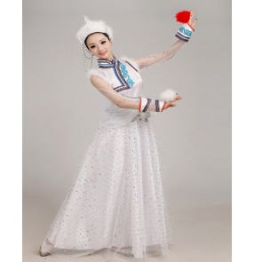 Women's Chinese folk dance costumes white color Mongolian dance dresses ancient traditional performance dancing robes 