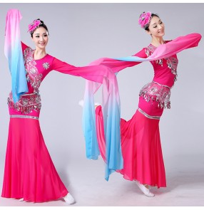 Women's Chinese folk dance costumes Yangko fan dance traditional ancient classical dance fairy chang e cosplay water sleeves dress