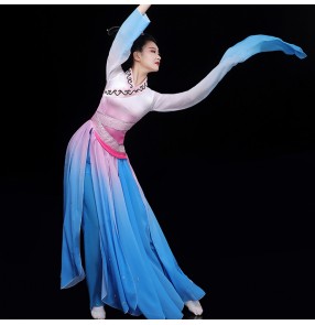 Women's chinese folk dance dress pink with blue gradient water sleelves chinese classical dance fairy singers performance dresses