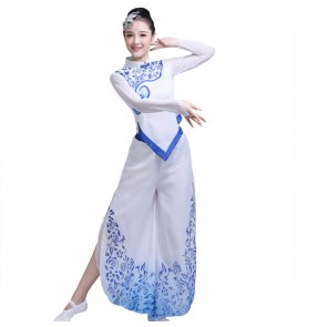 Women's Chinese folk dance dress white and blue  ancient traditional fan dancing dress stage performance fan umbrella cosplay costumes clothes