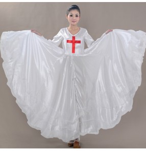 Women's Chinese folk dance dress white colored female lady chorus christian stage performance swing skirt opening dance dresses