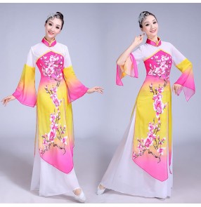 Women's Chinese folk dance dresses green pink blue yellow fairy ancient traditional classical dance Chinese dresses yangko fan dance costumes