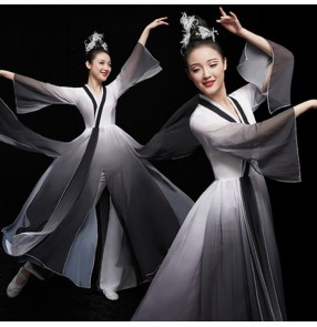 Women's chinese folk dance dresses hanfu fairy dresses ancient traditional fan umbrella classical black gradient colored costumes