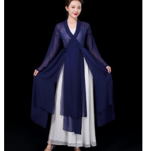 Women's chinese folk dance dresses hanfu navy colored china ancient traditional classical dance dresses performance dresses