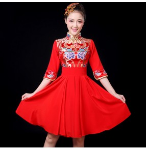 Women's Chinese folk dance dresses red colored oriental dragon princess stage performance chorus drummer professional dance dress