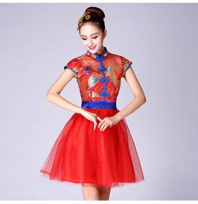 Women's chinese folk dance dresses red gold colored stage performance china dragon style classical traditional drummer square dance singers dresses