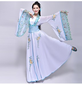 Women's chinese folk dance  white dance costumes ancient traditional fairy princess anime cosplay hanfu kimono Korean hanbok robes dresses