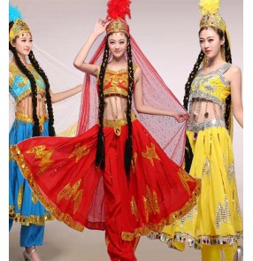 Women's chinese folk dance xinjiang belly dance costumes stage performance Xinjiang Uyghur Dance Performance Costumes for female