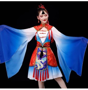 Women's chinese hanfu chinese folk dance dresses blue with red dragon qipao dresses stage performance chinese classical dance dress photos shooting dresses