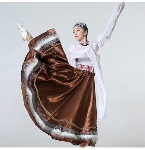 Women's Chinese mongolian Tibetan dance dresses female Tibetan half-length skirt ethnic dance practice skirt square dance performance big swing skirt