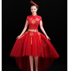 Women's Chinese red color drummer performance dresses oriental modern dance dress qipao dresses yangko stage performance costumes