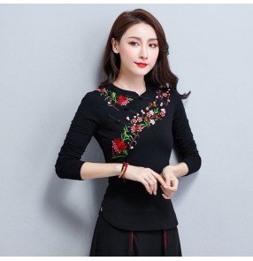 Women's Chinese traditional Qipao dress black green pink white  tops embroidered blouses 