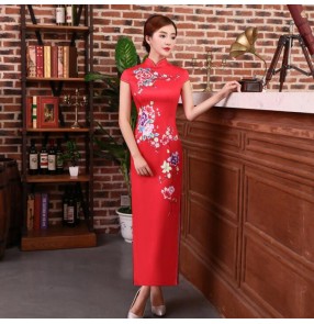 Women's chinese traditional qipao dresses chinese dress flowers printed satin retro oriental style cheongsam dresses host miss etiquette dresses