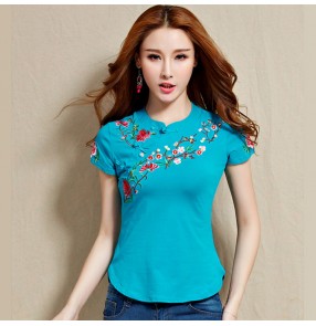 Women's Chinese traditional retro embroidered tops qipao blouses t shirts