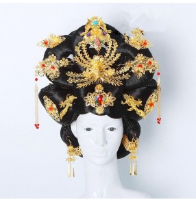 Women's chinese traditional tang dynasty film movies empress princess cosplay wig stage performance model show cosplay with headdress 