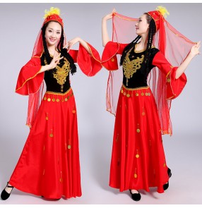 Women's chinese Xinjiang dance dresses red colored Uyghur minority stage performance dresses costumes