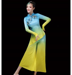 Women's chinese Yangko costume blue with yellow Jasmine chinese classical dance costume female umbrella fan square dance suit