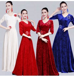 Women's chorus singers stage performance dresses cocktail evening party cosplay dresses velvet wine royal blue colored long dance dresses