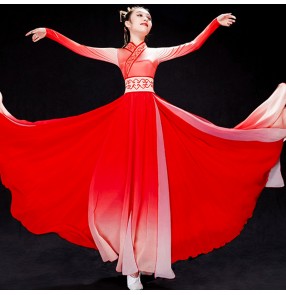 women's Classical Chinese folk dance costume female elegant red gradient hanfu fairy dresses umbrella performance fairy fan dance costume