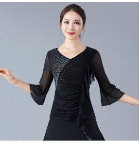 Women's competition ballroom latin dance tops rhinestones female stage performance salsa chacha latin dance shirts blouses tops