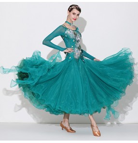 Women's competition handmade stones turquoise ballroom dancing dresses waltz tango flamenco stage performance dresses