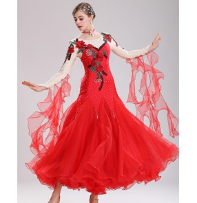 Women's competition stage performance ballroom dancing dresses red violet rhinestones flowers flamenco waltz tango dance dresses