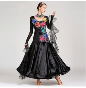 Women's competition waltz ballroom tango dancing dresses black with rose professional stones skirts costumes dress