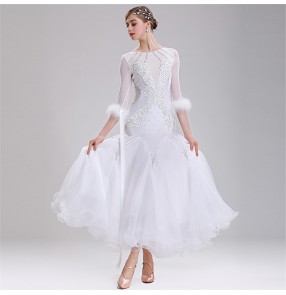 Women's competition white red ballroom dancing dresses rhinestones feather foxtort stage performance waltz tango flamenco dresses 