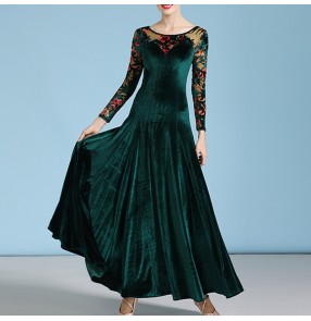 Women's dark green red floral velvet ballroom dance dress for girls waltz tango foxtrot smooth standard dance swing skirt dresses