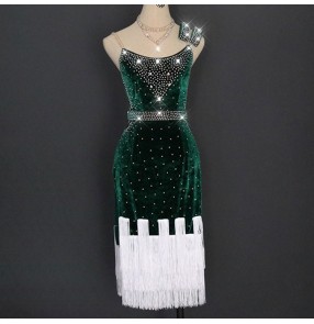 Women's dark green velvet rhinestones latin dance dresses competition professional stage performance rumba samba dance dress