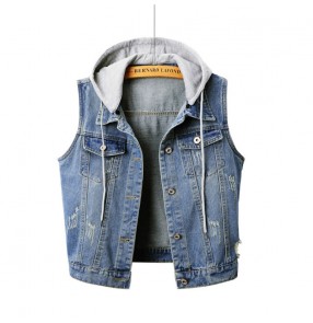 Women's Denim vest Korean style sleeveless waistcoat slim fit plus size denim vest jacket clothes casual hooded waistcoat for female