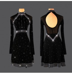 Women's diamond black long sleeves competition latin dance dresses