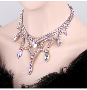 Women's diamond modern dance necklace choker handmade rhinestones stage performance ballroom competition head piece necklace