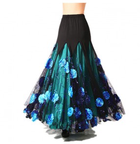 Women's embroidered flowers ballroom dancing skirts red green blue practice competition waltz tango ballrom dance skirts