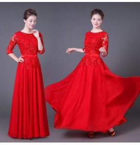 Women's evening party stage performance dresses modern dance for female lady red lace chorus singers wedding party opening dancing long dress