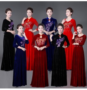 Women's evening wedding party chorus singers stag performance dresses velvet long sleeves female group Miss etiquette performance dresses