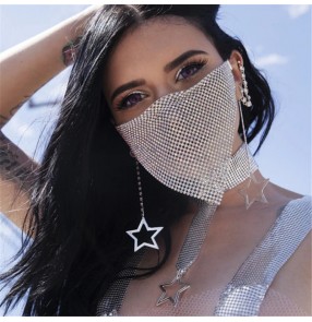 women's fashion bling face mask hollow rhinestones veil mask night club belly dance performance jewelry necklace mouth mask for female