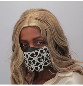 Women's fashion bling face mask night club pole jazz dance photos shooting rhinestones hollow mouth mask for female
