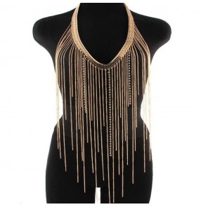 Women's fashion body necklace for stage performance night club  pole punk rock dance body long fringes necklace jewelry accessories