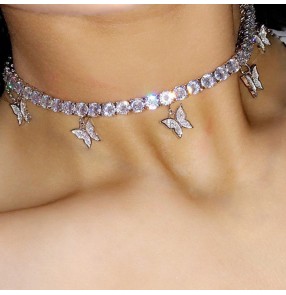 Women's fashion butterfly pedant bling silver necklace Clavicle Chain for female