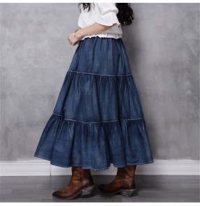 Women's fashion denim tiered skirts retro casual long length skirts for female