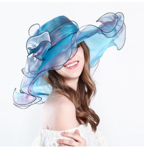 Women's fashion organza sun hat beach wide brim church hat party performance show fedoras