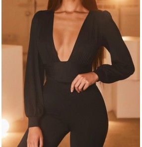 Women's fashion sexy deep v neck jumpsuit jazz dance singers gogo dancers night club stage performance bodysuit catsuit for female