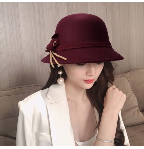 women's fashion wine black wool royal blue fedoras British party dress top hat woolen autumn ladies retro warm top hat