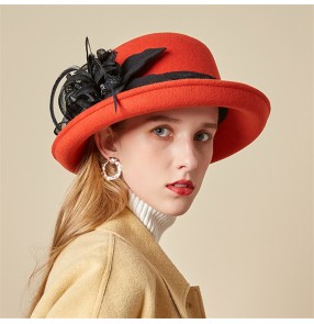 Women's fedoras hats Curled top hat female British retro woolen hat Korean elegant flowers Basin hat autumn and winter felt hat