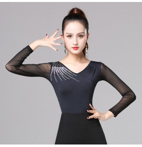 Women's female ballroom latin salsa chacha dance tops long sleeves black color with rhinestones